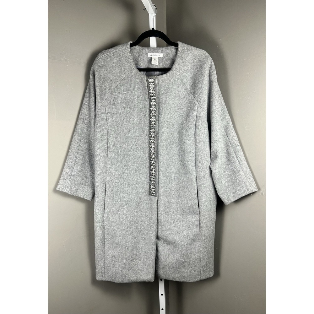 Liz Claiborne Wool Blend Coat XL Gray Embellished Jacket Minimalist Chic